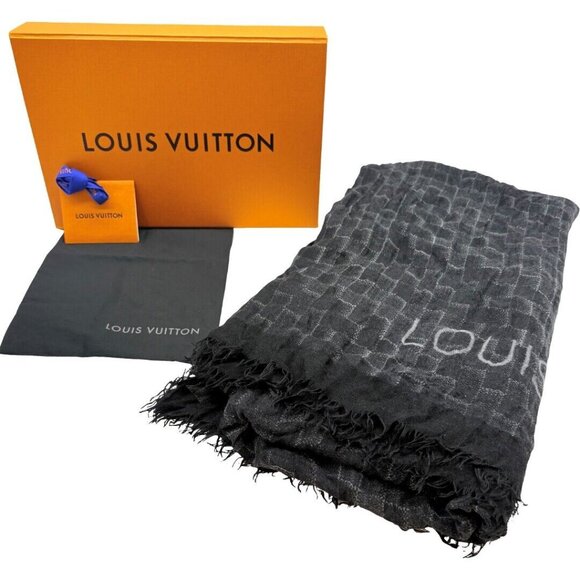 Authentic LOUIS VUITTON Large Scarf Damier Pattern Black Cashmere - Picture 1 of 16
